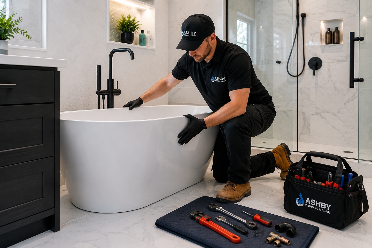 Professional bathtub installation in a modern bathroom in Toronto
